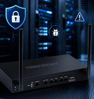 TRENDnet network router in a server room with shield, bug, and warning icons representing cybersecurity vulnerability reporting.